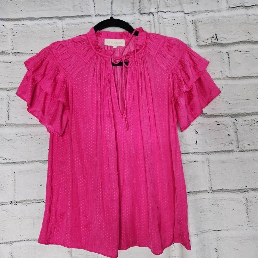 Caballero Womens Pink Polkadots Layered Short Sleeves Ruffled NecklineβBlouse XS